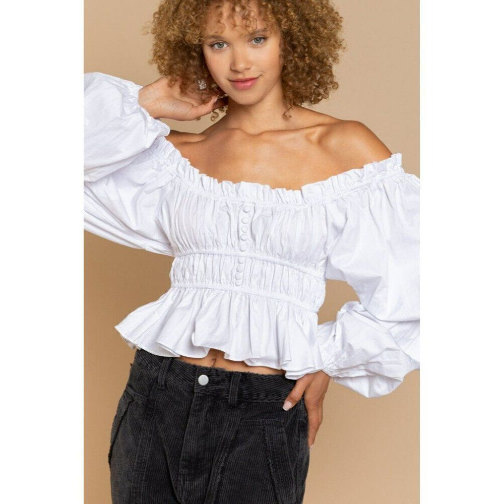 Sale! POL
Off Shoulder White Cropped Long Sleeve Blouse Ruffles Puff Sleeve Top - Picture 8 of 10